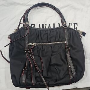 MZ Wallace Black Nylon Messenger Tote with Brown Trim